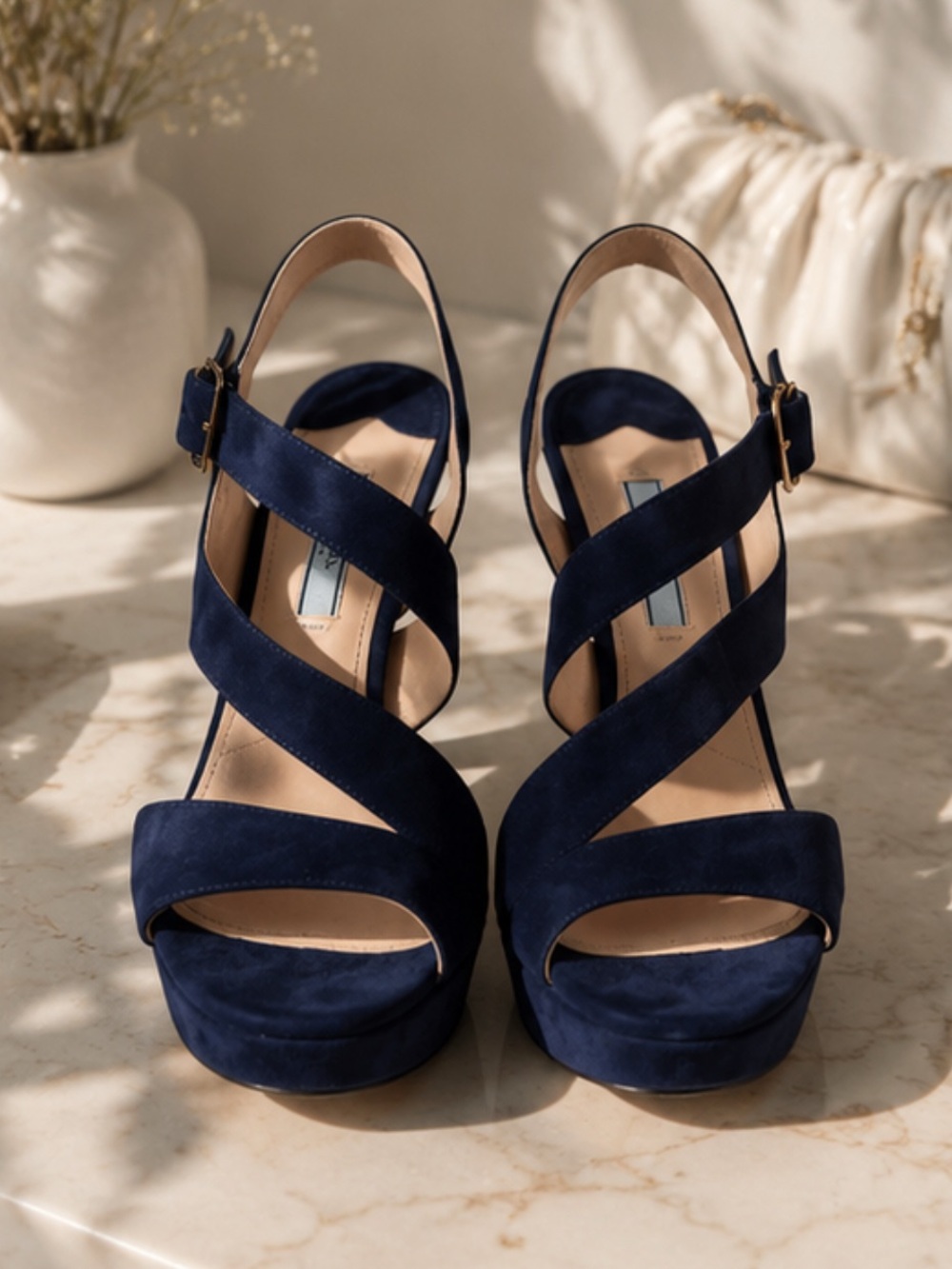 Prada Navy Suede Crisscross Slingback High Heels - Picture 2 of 5